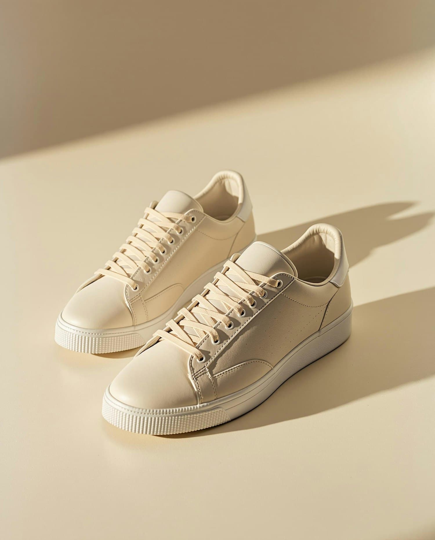 Minimal cream leather trainers in warm sunlight